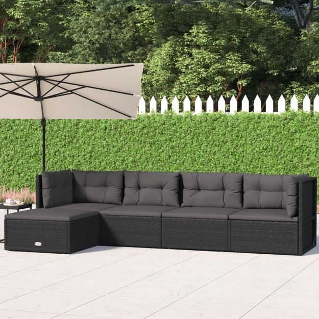 Set Divani da Giardino 5 pz con Cuscini Nero in Polyrattan