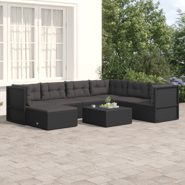 Set Salotto da Giardino con Cuscini 7pz Nero Polyrattan