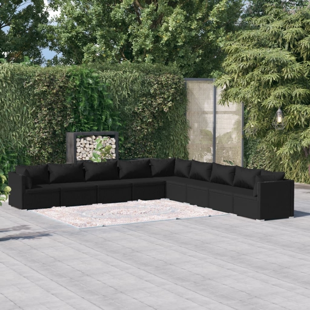 Set Divani da Giardino 9 pz con Cuscini in Polyrattan Nero