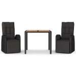 Set Pranzo Giardino 3pz Nero Polyrattan e Legno Massello Acacia