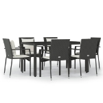 Set da Pranzo da Giardino 7 pz Nero con Cuscini in Polyrattan