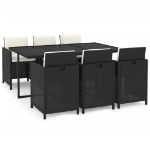 Set da Pranzo da Giardino 7 pz con Cuscini in Polyrattan Nero