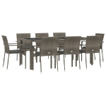 Set da Pranzo da Giardino 9 pz con Cuscini in Polyrattan Grigio