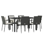 Set da Pranzo da Giardino 7 pz Nero con Cuscini in Polyrattan