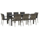 Set da Pranzo Giardino 9pz con Cuscini Nero e Grigio Polyrattan