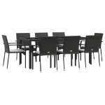 Set da Pranzo da Giardino 9 pz con Cuscini Nero in Polyrattan