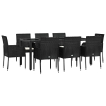 Set da Pranzo da Giardino 9 pz con Cuscini Nero in Polyrattan