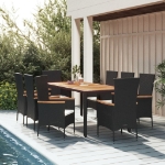 Set da Pranzo da Giardino 9 pz con Cuscini Nero in Polyrattan