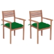 Sedie da Giardino 2 pz con Cuscini Verdi in Massello di Teak