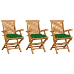 Sedie da Giardino con Cuscini Verdi 3 pz in Massello di Teak