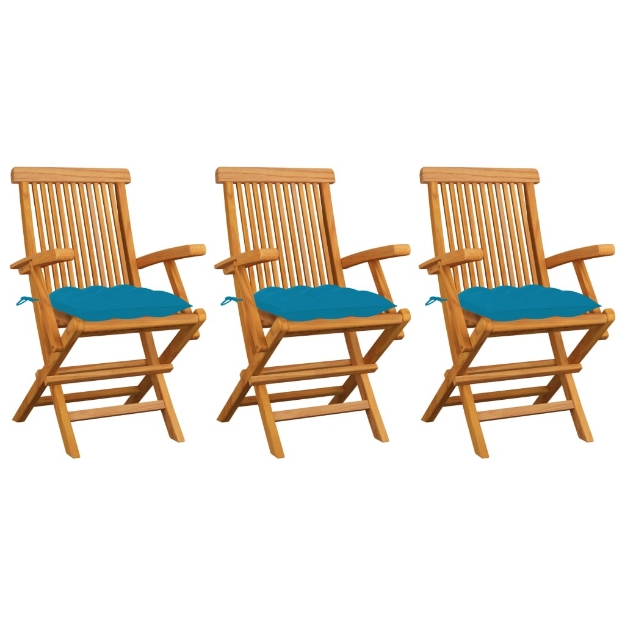 Sedie da Giardino con Cuscini Azzurro 3 pz in Massello di Teak