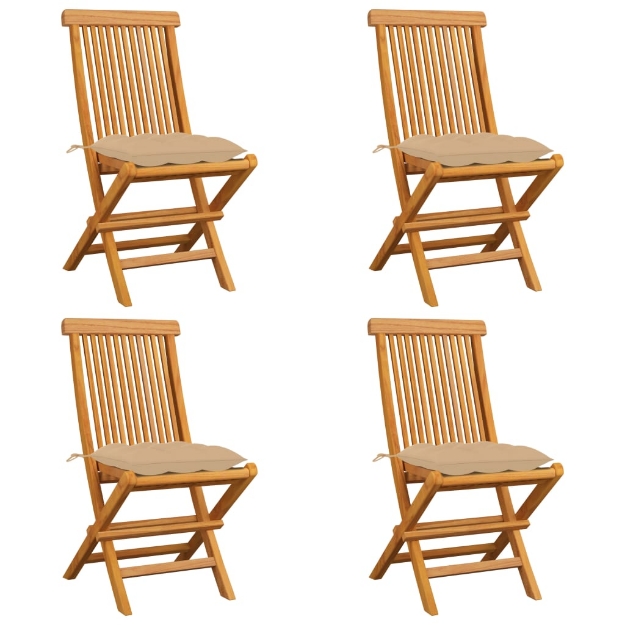 Sedie da Giardino con Cuscini Beige 4 pz Massello di Teak