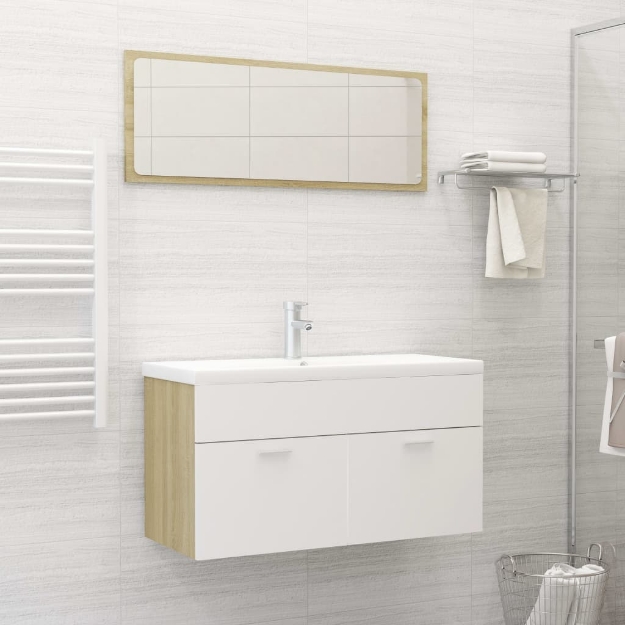 Set Mobili da Bagno 2 pz Bianco e Rovere Sonoma in Truciolato