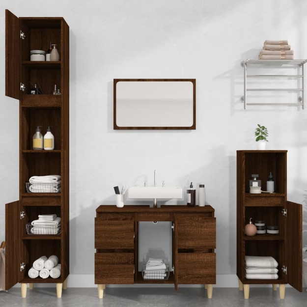 Set Mobili da Bagno 3 pz Rovere Marrone in Legno Multistrato