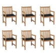 Sedie da Giardino 6 pz con Cuscini Neri in Massello di Teak