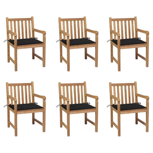 Sedie da Giardino 6 pz con Cuscini Neri in Massello di Teak
