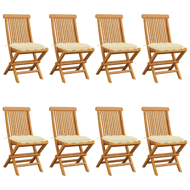 Sedie da Giardino e Cuscini Bianco Crema 8 pz Massello di Teak