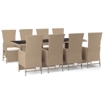 Set da Pranzo da Giardino 9 pz con Cuscini Beige in Polyrattan