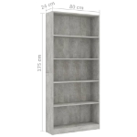 Libreria a 5 Ripiani Grigio Cemento 80x24x175 cm in Truciolato