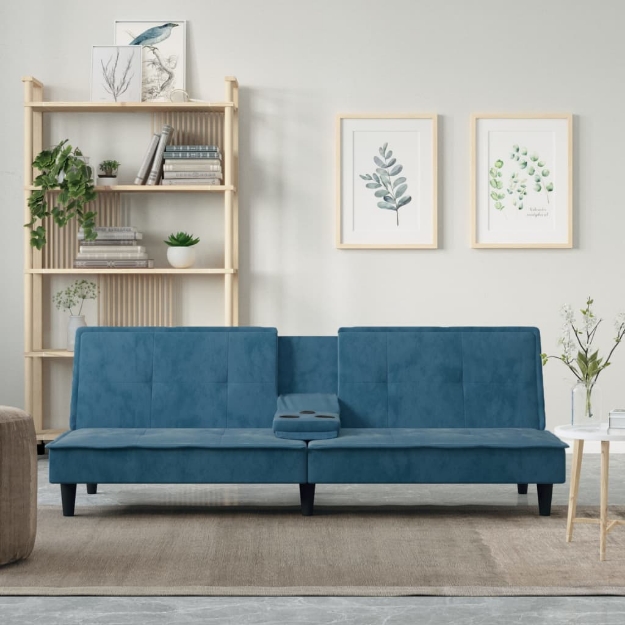 Divano Letto con Portabicchieri in Velluto Blu