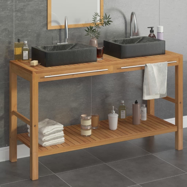 Armadietto da Bagno in Legno di Teak con Lavabi in Marmo Nero