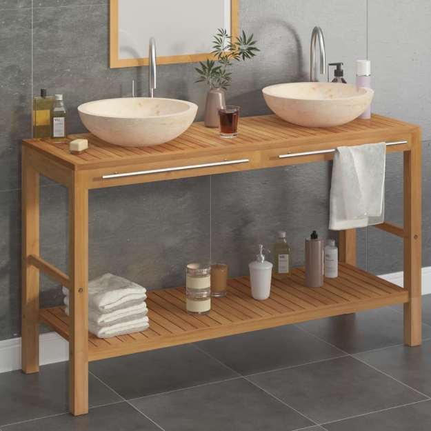 Armadietto da Bagno in Legno di Teak con Lavabi in Marmo Crema