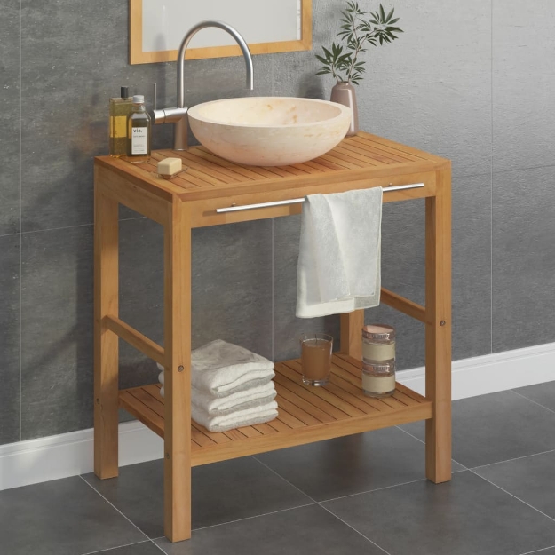 Armadietto da Bagno in Legno di Teak con Lavabo in Marmo Crema