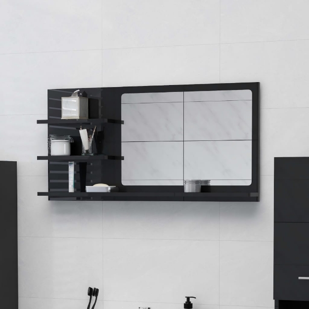 Specchio da Bagno Nero Lucido 90x10,5x45 cm in Truciolato