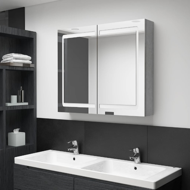 Armadietto Bagno con Specchio e LED Grigio Cemento 80x12x68 cm