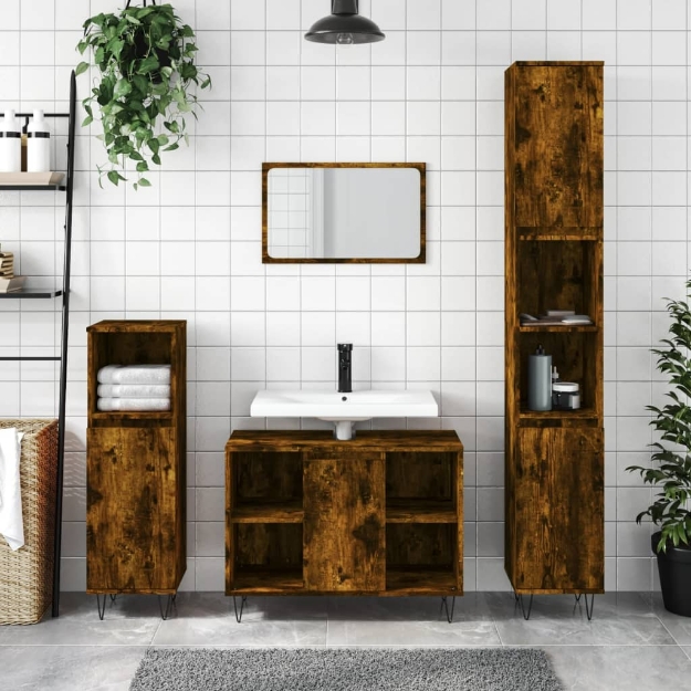 Armadietto Bagno Rovere Fumo 80x33x60 cm in Legno Multistrato