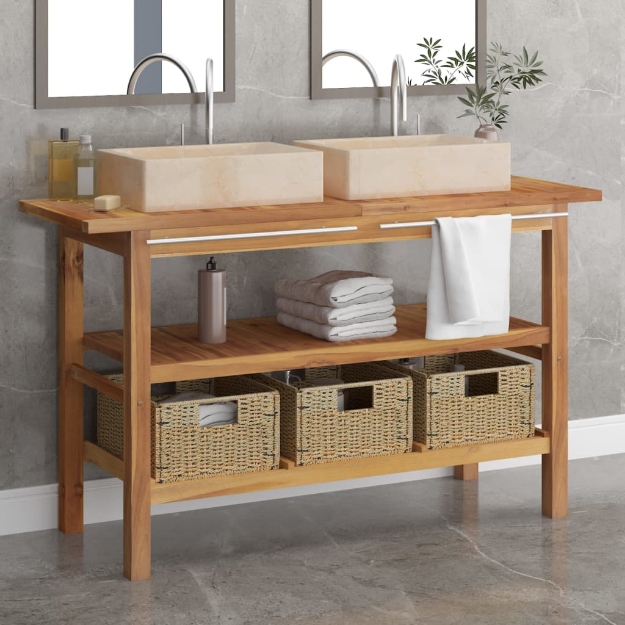 Mobile Vanità Bagno e Lavandini Marmo Crema Legno Massello Teak