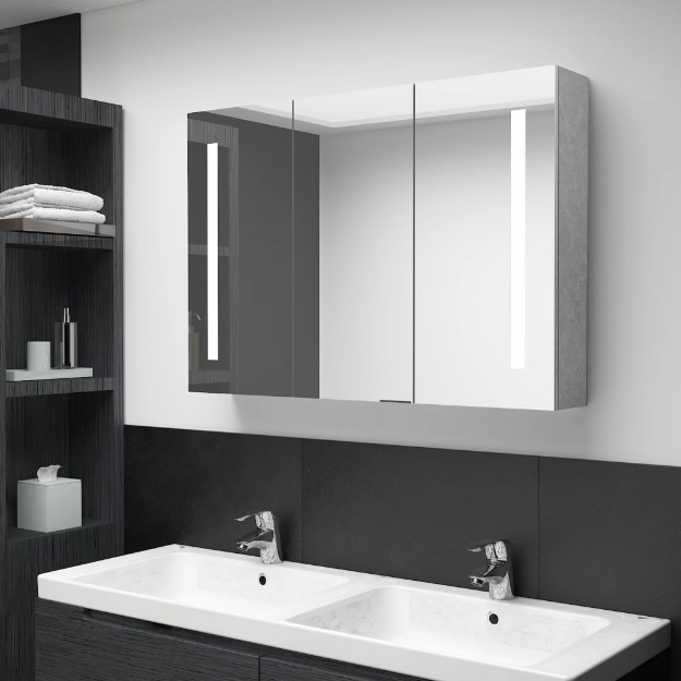 Armadietto Bagno con Specchio e LED Grigio Cemento 89x14x62 cm