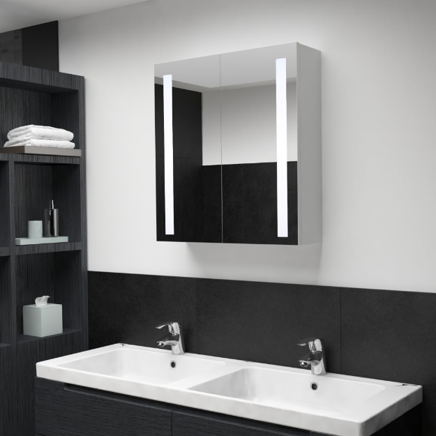 Armadietto Bagno con Specchio e LED 60x14x62 cm