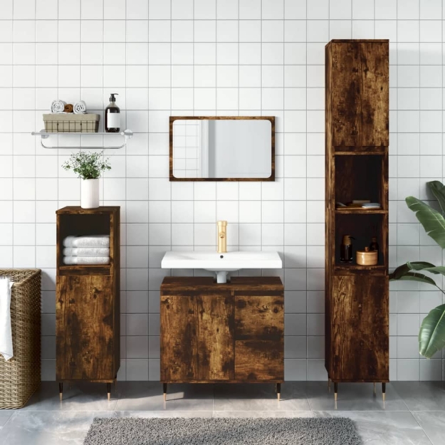 Set Mobili da Bagno 3 pz Rovere Fumo in Legno Multistrato