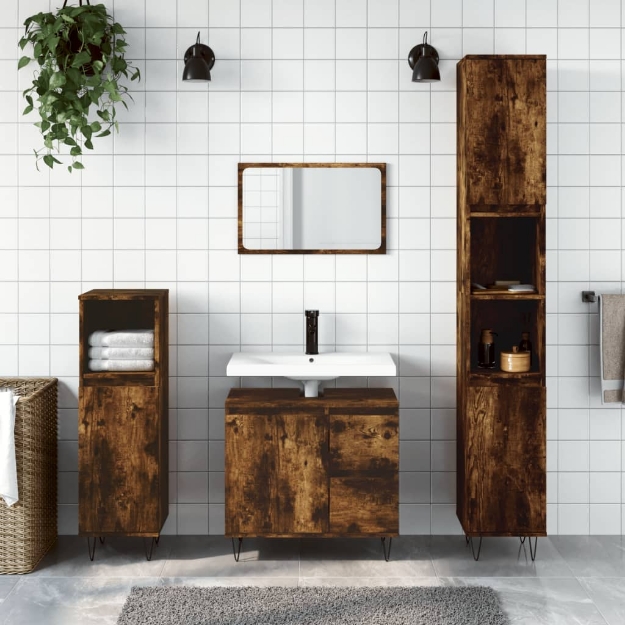 Set Mobili da Bagno 3 pz Rovere Fumo in Legno Multistrato