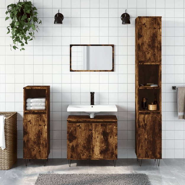 Set Mobili da Bagno 3 pz Rovere Fumo in Legno Multistrato