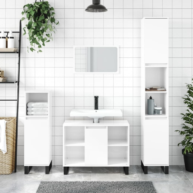 Set Mobili da Bagno 3 pz Bianco Lucido in Legno Multistrato