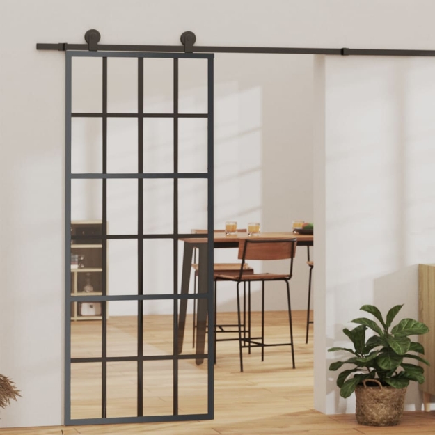 Porta Scorrevole in Vetro ESG e Alluminio 76x205 cm Nera