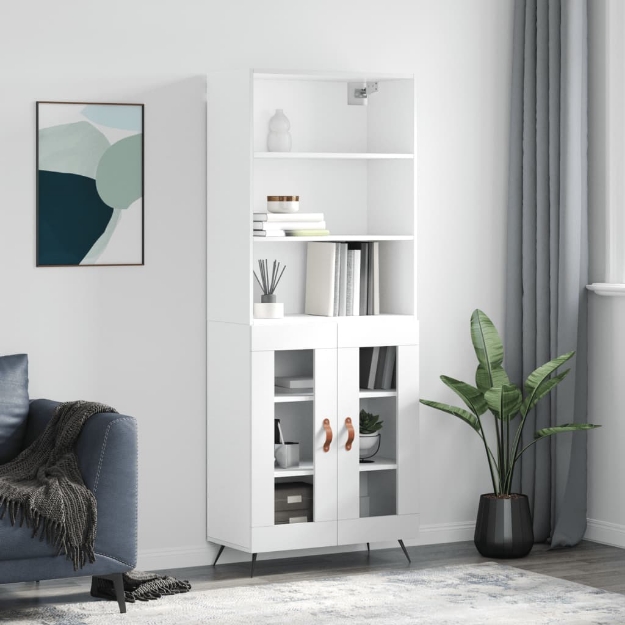 Credenza Bianco Lucido 69,5x34x180 cm in Legno Multistrato