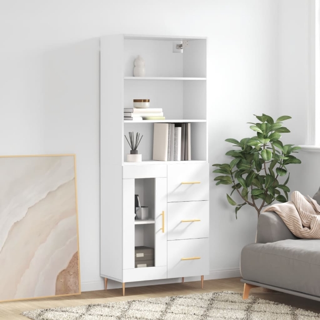 Credenza Bianco Lucido 69,5x34x180 cm in Legno Multistrato