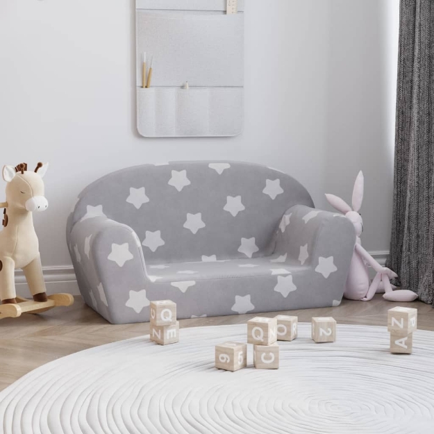 Divano per Bambini 2 Posti Grigio Chiaro Stelle Morbido Peluche