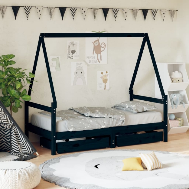 Giroletto per Bambini con Cassetti Nero 80x160 cm Massello Pino