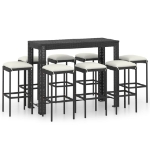 Set da Bar da Giardino 9 pz con Cuscini in Polyrattan Nero