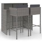 Set Bar da Giardino 3 pz con Cuscini in Polyrattan Grigio