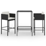 Set Bar da Giardino 3 pz con Cuscini Polyrattan Nero