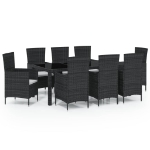 Set da Pranzo da Giardino 9 pz con Cuscini in Polyrattan Nero