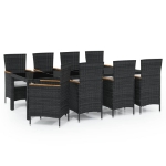 Set Mobili da Giardino 9 pz con Cuscini in Polyrattan Nero