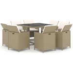 Set da Pranzo per Giardino 9 pz con Cuscini in Polyrattan Beige