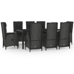 Set da Pranzo Giardino 9pz con Cuscini Nero e Grigio Polyrattan