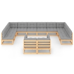 Set Divani da Giardino 12 pz con Cuscini Legno Massello di Pino